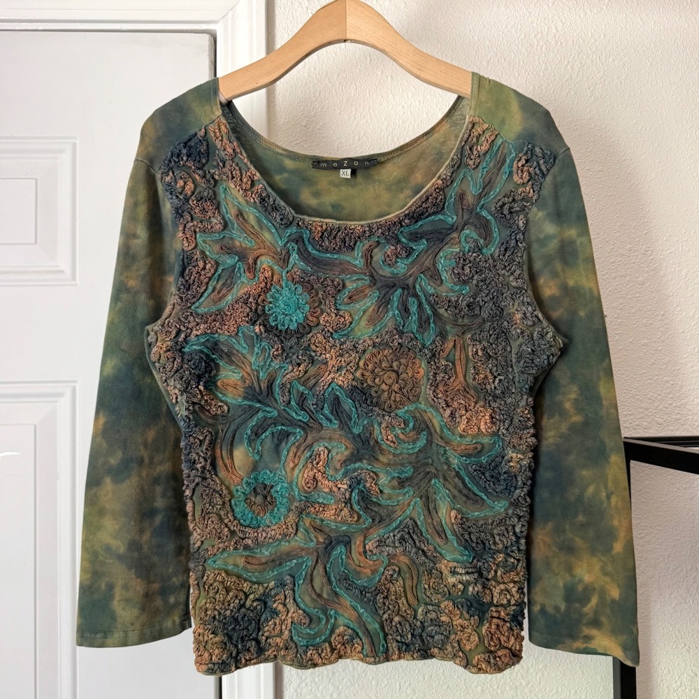 MEZON‎ green tie dye textured scoop neck 3/4 sleeve cotton tee cropped top